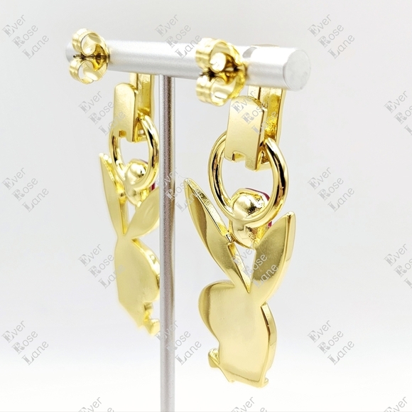 Oceanus x Playboy Bunny Golden Earrings Hot Pink Stone Rare New - Picture 2 of 4